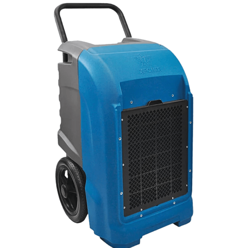Blue portable evaporative cooler on wheels with a black front grille and handle