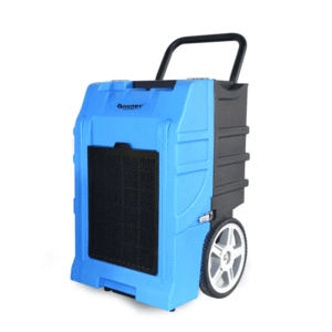Blue portable dehumidifier on wheels with a black top handle and front air grille, ready for use.