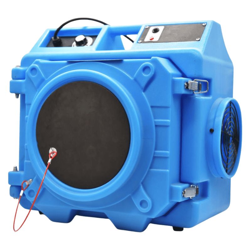 Blue industrial blower/air mover with a large circular front opening, side cooling fan, and latching access panels for secure housing with visible red wiring leads.