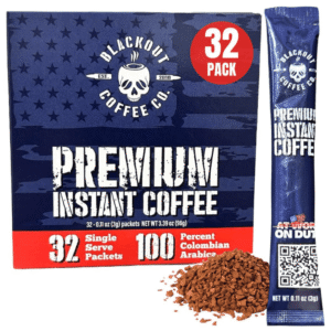 Box of Blackout Coffee Co. Premium Instant Coffee, 32-pack with 100% Colombian Arabica, 32 single-serve packets.