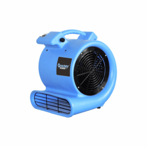 Blue portable industrial blower with a circular front grill and a top handle, used for moving air in workspaces.