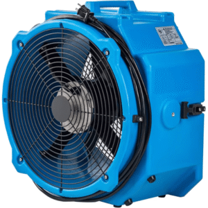 Blue industrial blower with protective front grille and power cord wrapped around the top, viewed from the side.