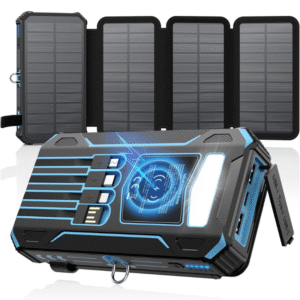 Rugged portable solar power bank with four fold-out panels and blue LED indicators.
