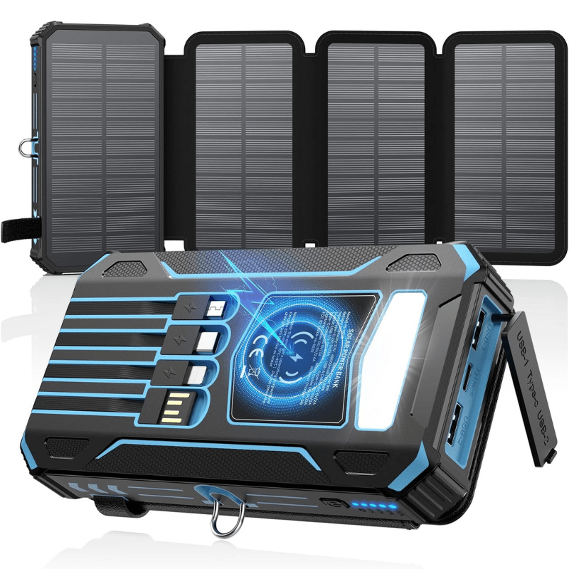 Rugged portable solar power bank with four fold-out panels and blue LED indicators.