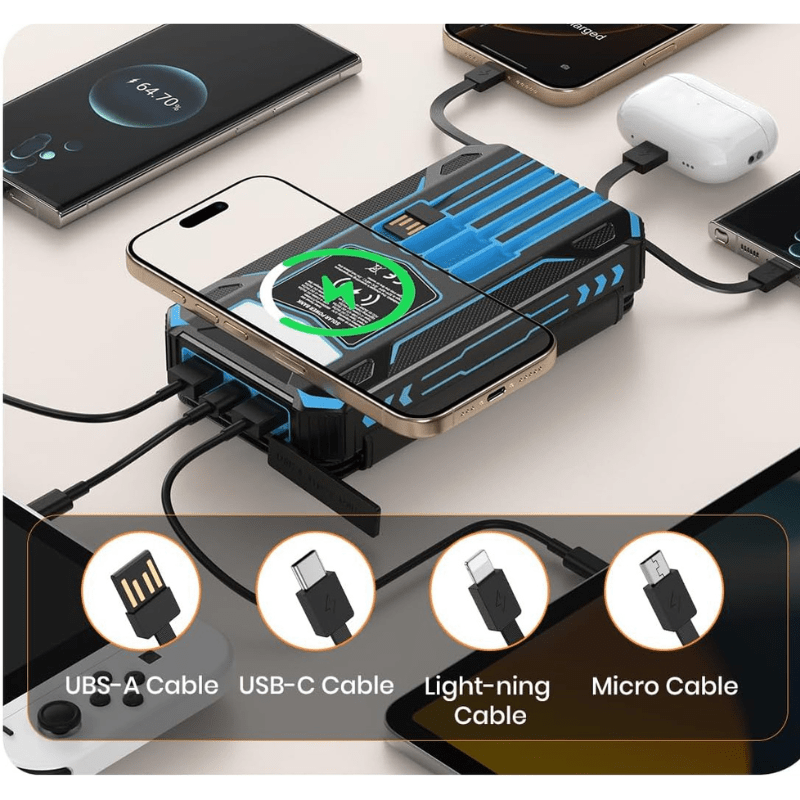 Multi-device charging dock with four cables (USB-A, USB-C, Lightning, Micro) powering phones and accessories.