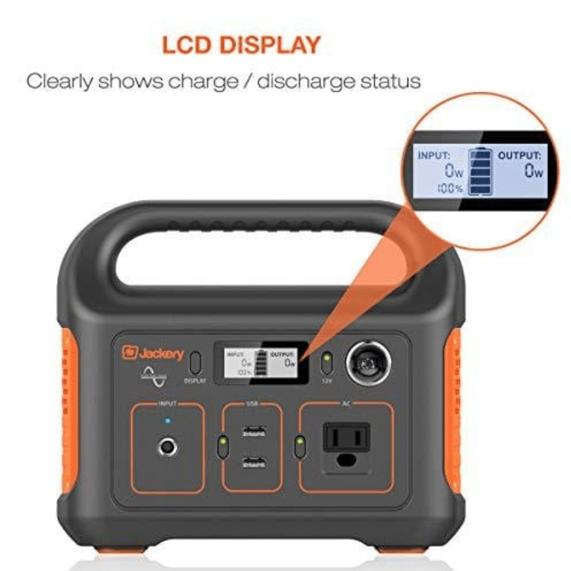 Portable power station with a handle; LCD screen displays charge/discharge status and battery level (0W input/0W output).