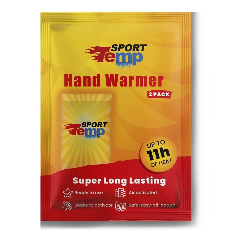 SPORTtemp Hand Warmer 2-pack in yellow-red packaging, shows up to 11 hours of heat and 'Super Long Lasting' label