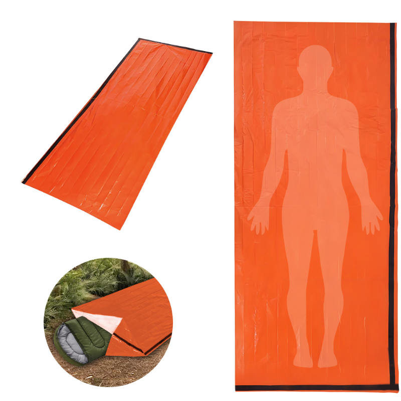 Orange emergency bivy sack laid flat, with a translucent human silhouette illustrating its use for warmth and shelter in emergencies.