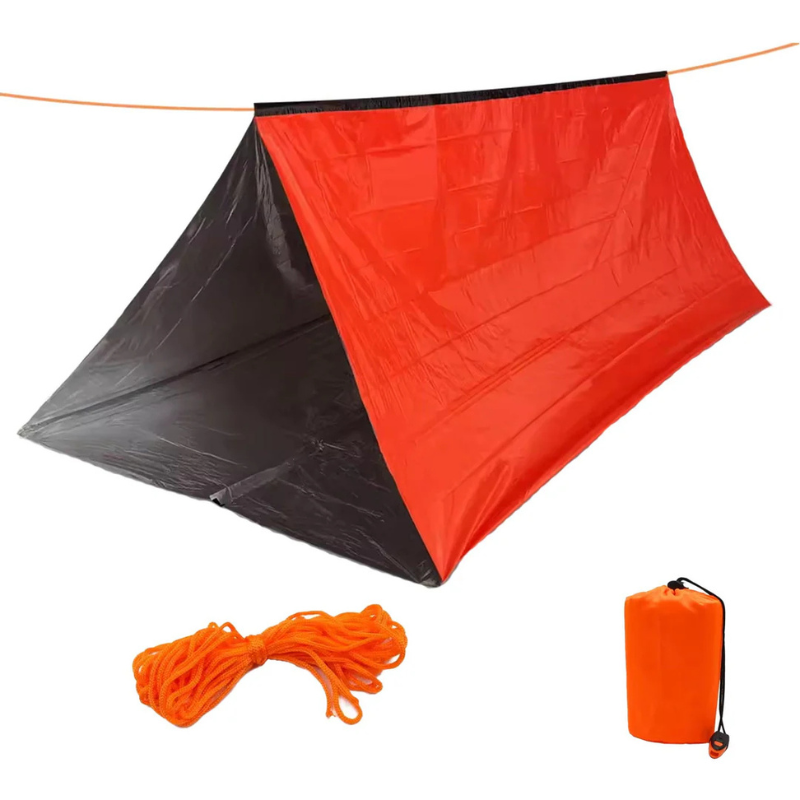 Orange and black camping tarp shelter set up with a guy line, plus coiled orange cord and an orange carry bag.