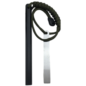 Braided green cord looped around a metal blade and attached to a black vertical bar.