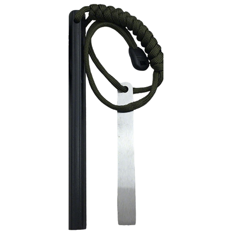 Braided green cord looped around a metal blade and attached to a black vertical bar.