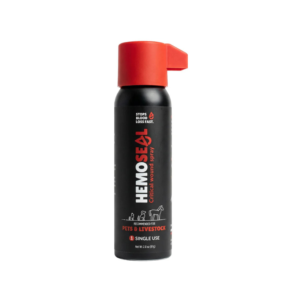 Pet and livestock wound spray can with red cap labeled 'Hemoseal' and 'Stops blood loss fast'—single-use 2.8 oz bottle