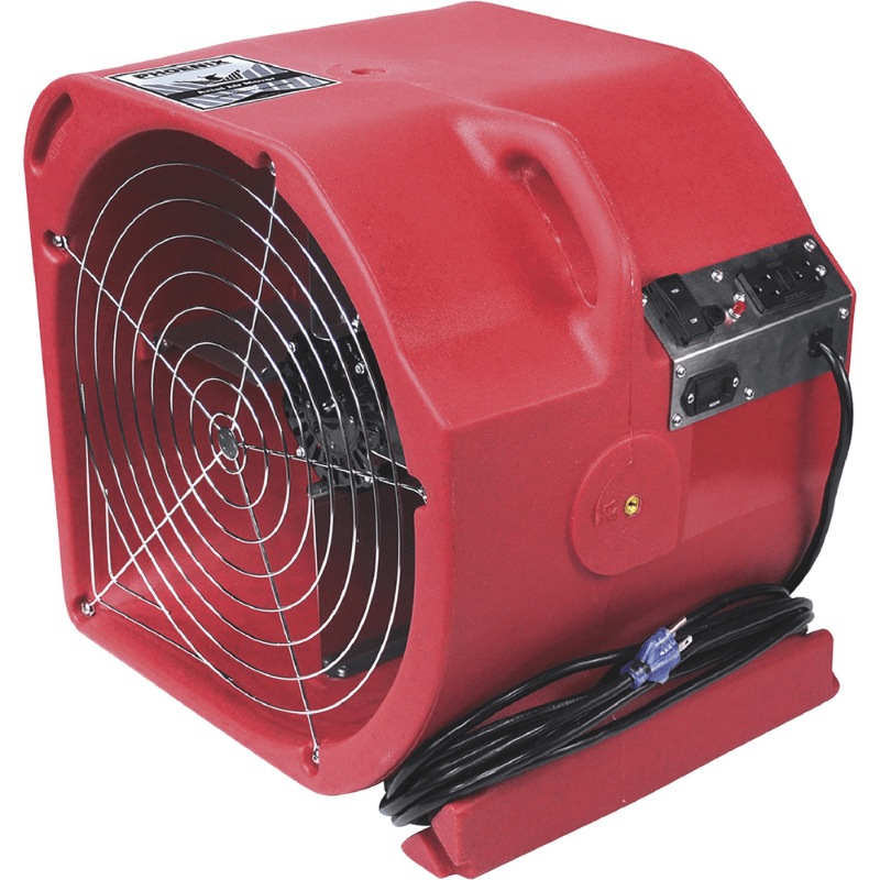 Red portable electric blower/fan with protective grille and carry handle, shown with a long power cord coiled beside it (industrial air mover)