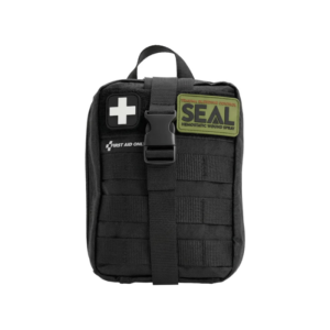 Black tactical first aid pouch with handle and strap, featuring a white cross patch and a SEAL patch.